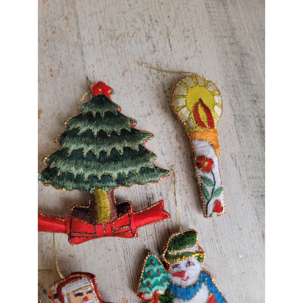 Vintage embroidered Santa Claus tree candle ornament Snowman Xmas set